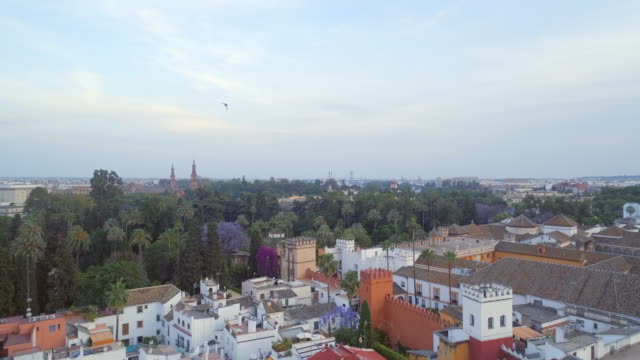 Rising-View-of-the-City-of-Seville,-Spain-in-the-Evening