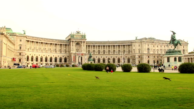 Green-lawn-Heldenplatz-OSCE-headquarters-in-Vienna-Austria,-dogs.-Beautiful-shot-of-Europe,-culture-and-landscapes.-Traveling-sightseeing,-tourist-views-landmarks-of-Austria.-World-travel,-west-European-trip-cityscape,-outdoor-shot