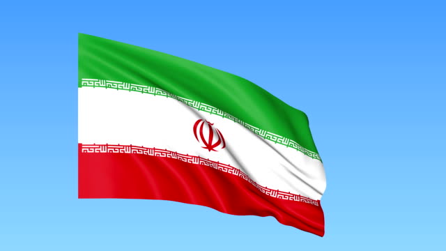 Ondeando-la-bandera-de-Irán,-bucle-sin-fisuras.-Tamaño-exacto,-fondo-azul.-Parte-de-todos-los-países-establecidos.-Fullhd
