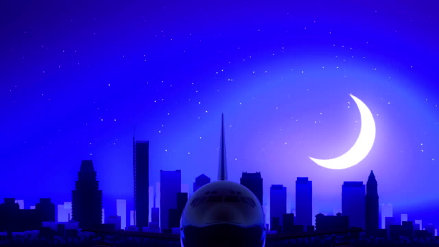 Boston-Massachusetts-USA-Amerika-Flugzeug-abheben-Moon-Night-Blue-Skyline-Travel