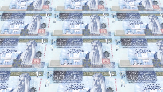 Banknoten-von-zehn-Jordanische-Dinar-von-Jordanien-Rollen,-Bargeld,-Schleife