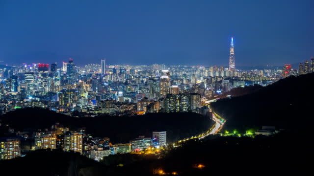 Seoul-City-und-Lotte-Tower,-Südkorea.-Zeitraffer-4k