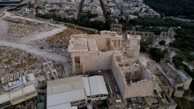 Aerial-view-of-Propylaea-Gate-in-Acropolis-of-Athens-ancient-citadel-in-Greece