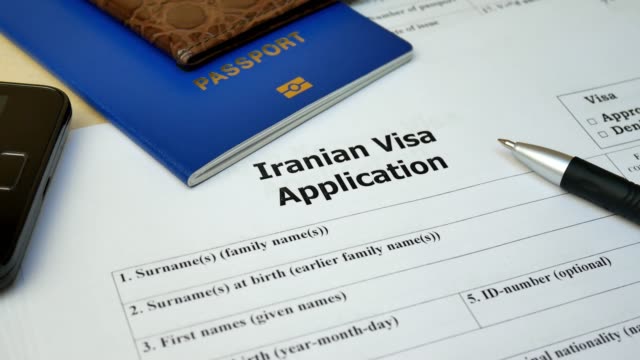 Documento-iraní-Visa-con-pasaporte,-aplique-y-permiso-para-país-extranjero