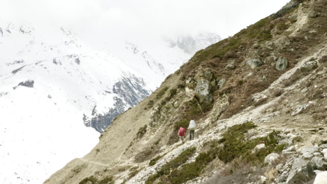 Dos-mochileros-en-el-pase-de-Larke-trekking-en-Nepal.-Área-del-Manaslu.