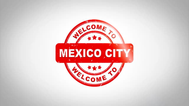 Willkommen-in-Mexiko-Stadt-unterzeichnete-Stempel-aus-Holz-Stempel-Textanimation.-Roter-Tinte-auf-Clean-White-Paper-Oberfläche-Hintergrund-mit-grünen-matten-Hintergrund-enthalten.