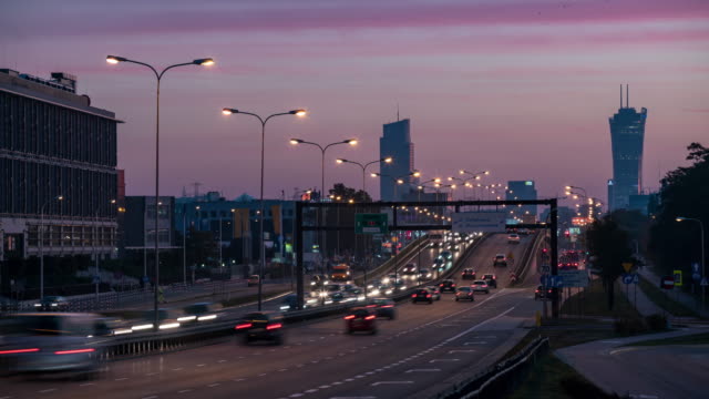 Night-to-day-time-lapse-of-busy-streets-in-the-city-center-of-Warsaw