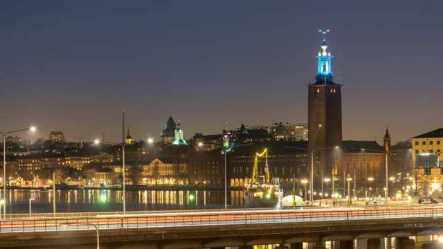 Stockholm-Sweden-time-lapse-4K,-city-skyline-day-to-night-timelapse-at-City-Hall-and-Gamla-Stan