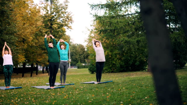 Pretty-yogini-women-are-doing-exercises-in-park-stretching-back-and-legs-standing-on-mats-on-grass.-Healthy-lifestyle,-sports-and-modern-youth-concept.