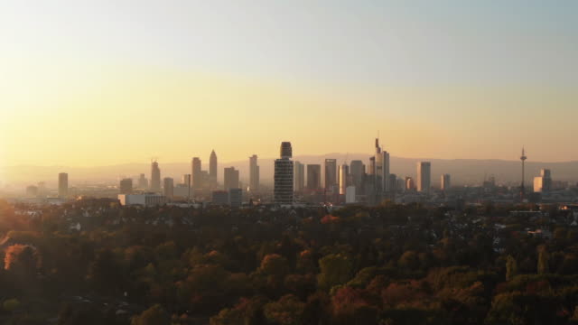 Cinematic-Aerial-of-Frankfurt-Skyline-panorama-at-sunset