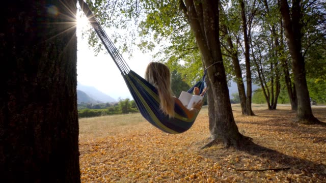Young-woman-on-hammock-at-sunset-reading-on-digital-tablet-using-mobile-apps-on-wireless-technology.-People-travel-modern-life-concept