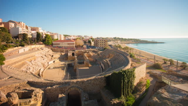 Morgenlicht-Tarragona-Amphitheater-Panorama-\"-4-k-Zeitraffer-Spanien