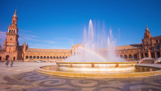 Sonniger-Tag-Sevilla-Palast-der-Spanien-Regenbogen-Brunnen-Veranstaltungsraum-\"-panorama\"--4-k-Zeitraffer-Spanien