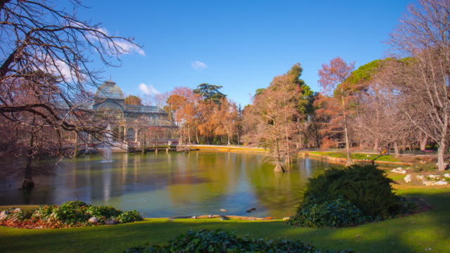 sunny-day-pond-view-on-crystal-palace-4k-time-lapse--spain-madrid