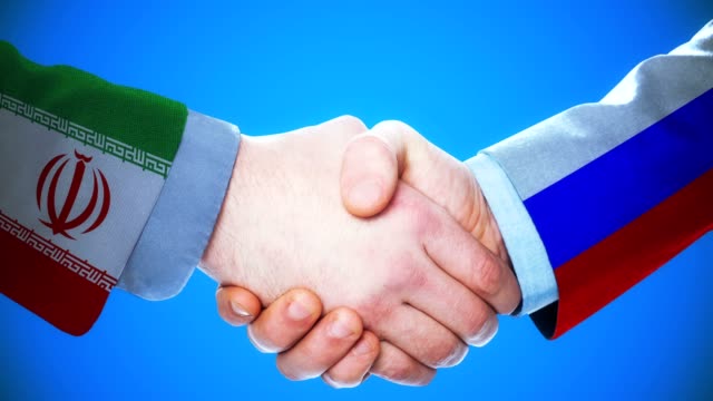 Iran---Russland-/-Handshake-Konzept-Animation-über-Länder-und-Politik-/-mit-Matte-Kanal