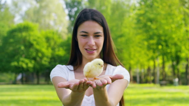 The-best-moments-from-life,-the-sweet-girls,-plays-in-the-park-with-little-chickens(yellow),-on-the-background-of-green-grass-and-trees