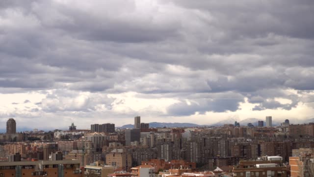 Panoramic-view-to-Madrid,-skyscrapers-four-towers-and-television-tower-El-Pirul