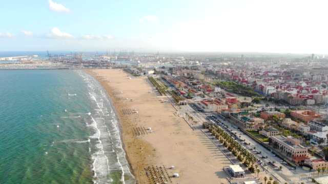Aerial-view-from-a-Drone-in-beach-of-Valencia,-Spain.-4k-Video