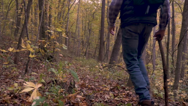 Man-with-a-ponytail-wearing-a-backpack-walking-in-the-woods-away-from-the-camera