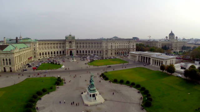 OSCE-headquarters-Vienna,-president-of-Austria-residence-aerial.-Beautiful-aerial-shot-above-Europe,-culture-and-landscapes,-camera-pan-dolly-in-the-air.-Drone-flying-above-European-land.-Traveling-sightseeing,-tourist-views-of-Austria.