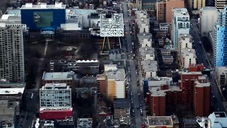 An-aerial-view-of-streets-in-Toronto,-Canada