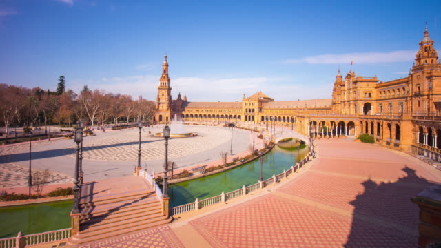 Sonne-Licht-Sevilla-berühmten-Palastplatz-Placa-de-España-4-k-Zeitraffer-Spanien