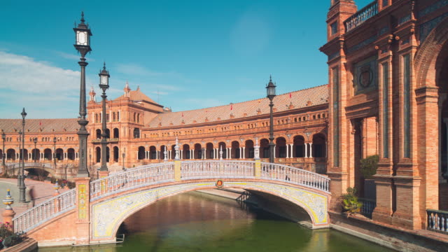 sunny-day-royal-palace-of-spain-colored-bridge-4k-time-lapse