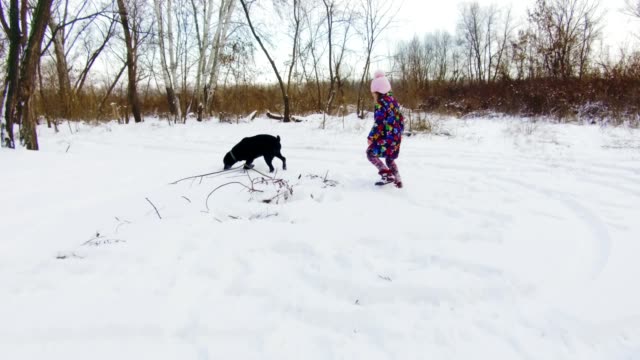 Niña-jugando-con-su-labrador-negro-en-la-nieve