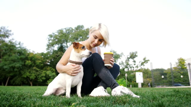 Mujer-joven-con-poco-lindo-jack-terrier-russel-en-el-Parque