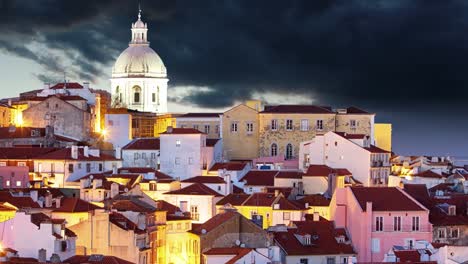 Lisbon-skyline-at-sunset,-Alafama---Portugal,-Time-lapse