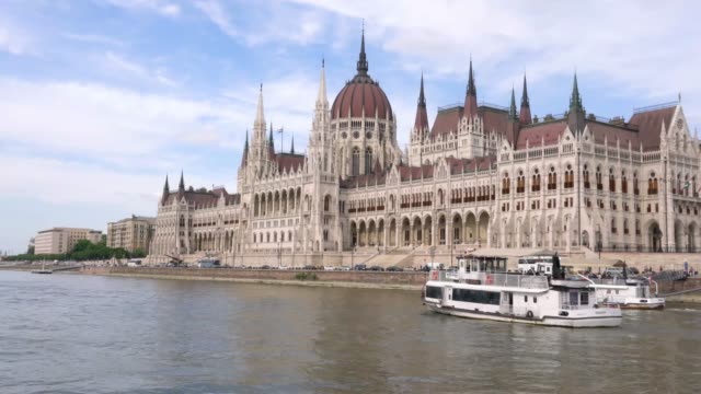 The-Hungarian-Parliament-Building-landscape-with-sightseeing-ship-on-the-Danube-in-Budapest,-Hungary-in-the-afternoon.