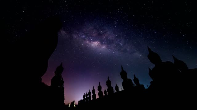 Time-lapse-of-big-Buddha-statue-with-milky-way-galaxy-in-Nakhon-si-thammarat-Province,-Thailand