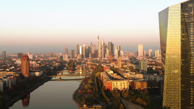 Frankfurt-ECB-Skyline-Aerial-Shot-at-early-sunrise-reflecting-sun