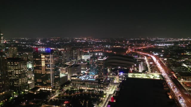 Aerial-of-Downtown-Houston,-Texas-at-Night