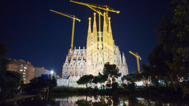 Nachtlicht-Sagrada-Familia-Park-Blick-auf-den-Teich-4-k-Zeitraffer-barcelona,-Spanien