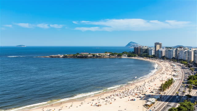 Copacabana-Beach-aerial-Straße-Verkehr-Zeitraffer,-Rio-de-Janeiro
