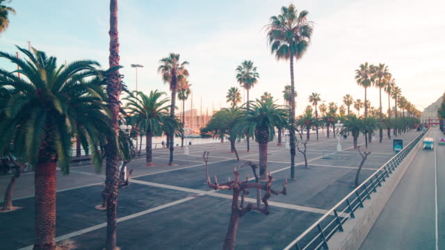 barcelona-port-walking-bay-sunset-light-4k-time-lapse-spain