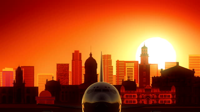 Buenos-Aires,-Argentinien-Passagierflugzeug-Ausziehen-Skyline-Goldener-Hintergrund