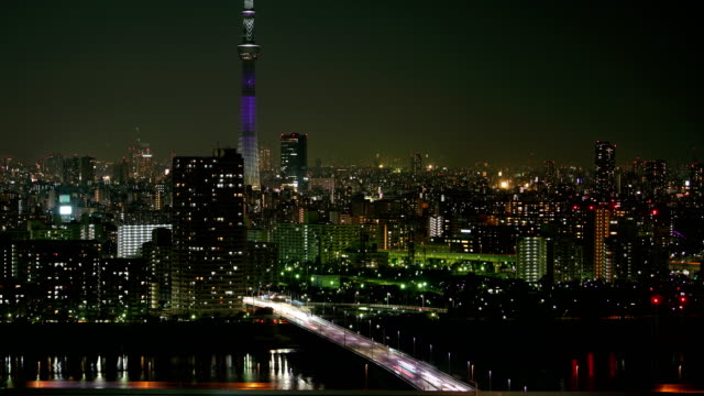Time-lapse-Tokyo-sky-tree-aerial-view-at-night