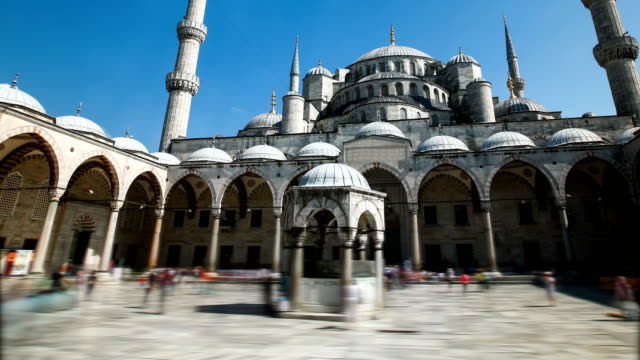 Pan-timelapse-of-The-Blue-Mosque-or-Sultanahmet-outdoors-in-Istanbul-in-Turkey