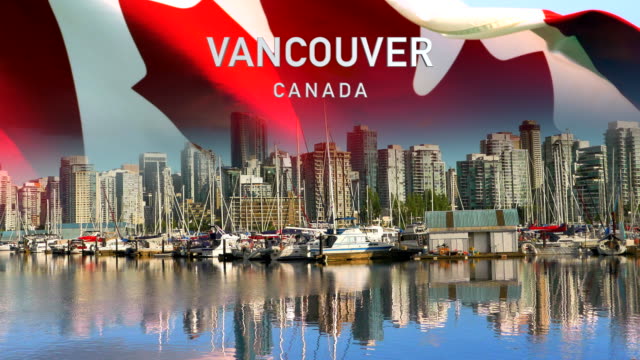 Ciudad-horizonte-bandera-cielo-Vancouver-Canadá-bandera-Canadá-centro-A.C.-vista-paisaje