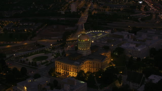 Aerial-shot-Capitol-building-in-downtown-Atlanta-at-dusk.
