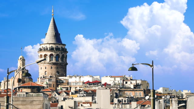 Cinemagraph---Beyoglu-district-historic-architecture-and-Galata-tower-medieval-landmark-in-Istanbul,-Turkey.