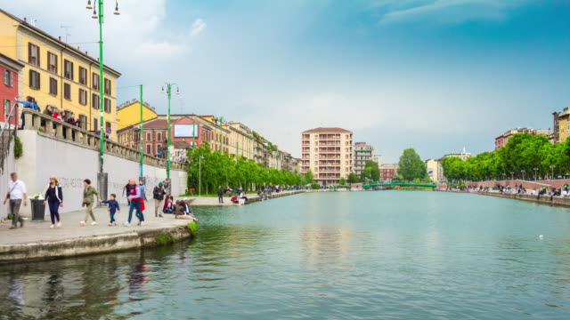 Italy-day-light-milan-city-famous-canal-panorama-4k-timelapse