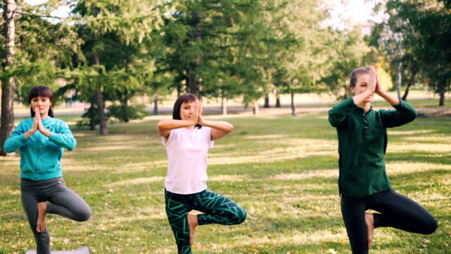 Attraktive-Sportlerinnen-balancieren-bei-Outdoor-Yoga-Kurs,-die-Entwicklung-von-Kraft-und-Balance-auf-einem-Bein.-Grünanlage-und-hellen-Yogamatten-sind-sichtbar.