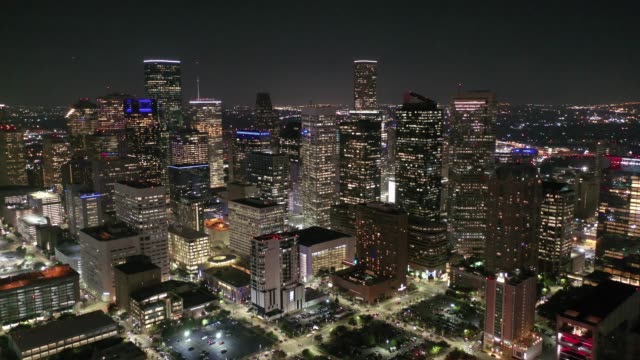 Aerial-of-Downtown-Houston,-Texas-at-Night