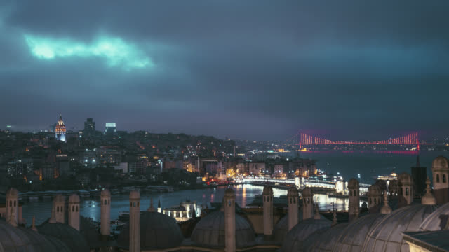 Timelapse-Suleymaniye-Mosque-and-Bosphorus-Bridge-at-sunrise