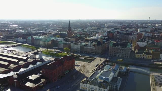 Schöne-Luftaufnahme-von-Malmö,-Schweden-von-oben.