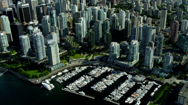 Aerial-view-Skyscrapers-Downtown-Vancouver-Harbour,-Vancouver