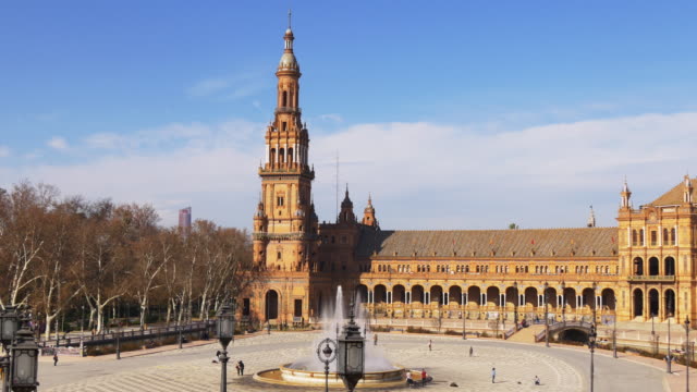 Sevilla-berühmten-Sehenswürdigkeiten-Plaza-de-Espana-Sonne-Licht-4-k-Spanien